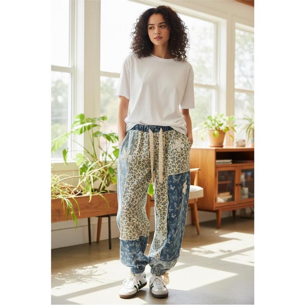POL Patchwork Track Pants in Blue and Cream